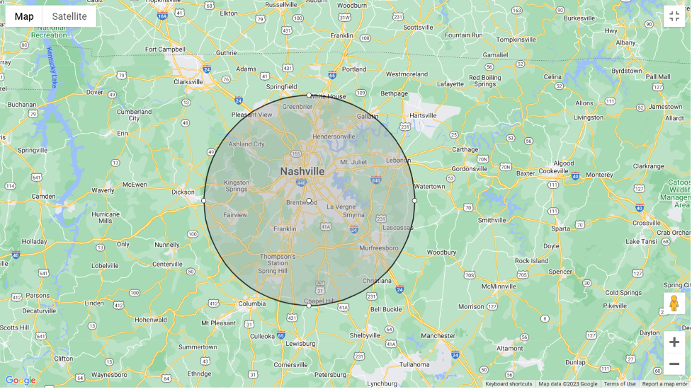 Map highlighting service areas around Nashville for Brentwood Garage Door Services, covering Brentwood TN, Nashville, Antioch, Franklin, La Vergne, Smyrna, and more.